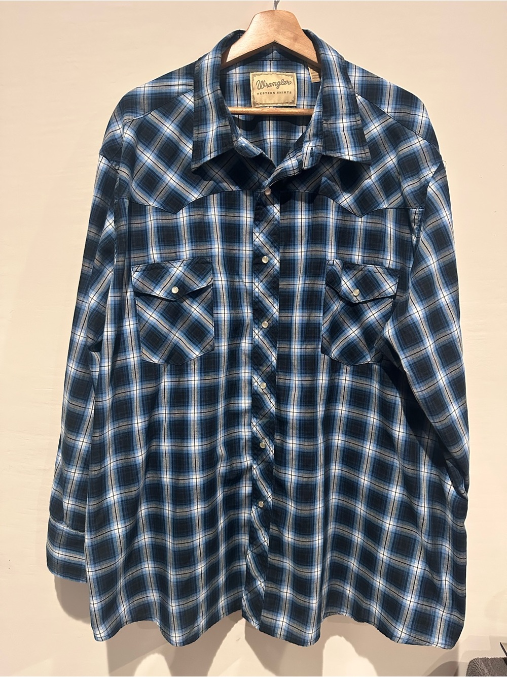 Wrangler Western Shirt Mens 3XL Big Blue Plaid Pearl Snap Cowboy Long Sleeve
